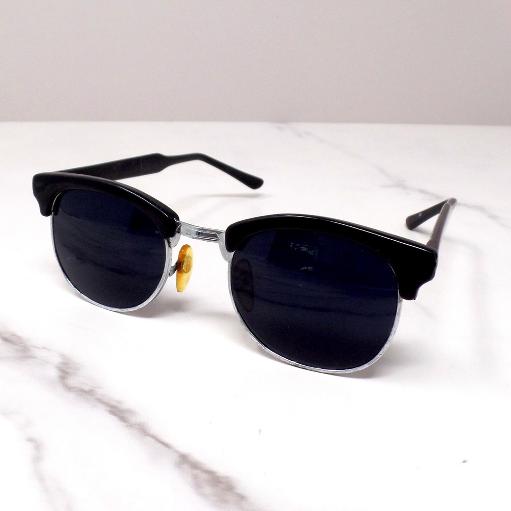 Vintage Coda Sunglasses, Black, Clubmaster Browline Style Dark Lens
